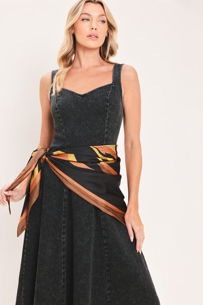 DARKWASH SCARF ELEGANCE DENIM MIDI DRESS