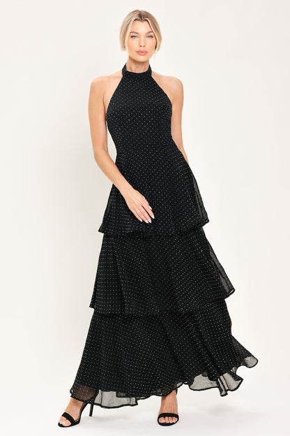MIDNIGHT SPARK BLACK EMBELLISHED HALTER LAYERED MAXI DRESS