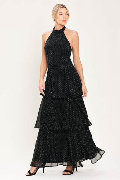 MIDNIGHT SPARK BLACK EMBELLISHED HALTER LAYERED MAXI DRESS