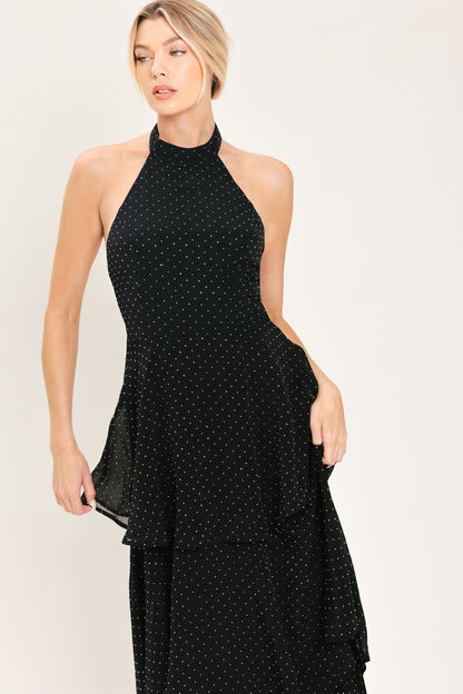 MIDNIGHT SPARK BLACK EMBELLISHED HALTER LAYERED MAXI DRESS