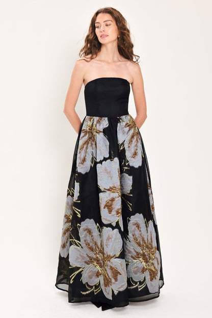 NOIR GARDEN BLACK STRAPLESS PRINTED FULL-SKIRT MAXI DRESS