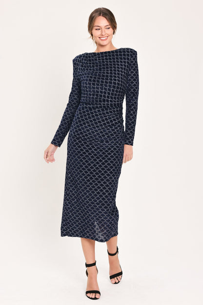 NAVY VEIL NAVY METALLIC BURNOUT VELVET RUCHED MIDI DRESS
