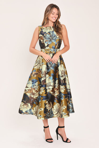 GOLDEN MEADOW DIJON PRINTED BELTED MIDI DRESS