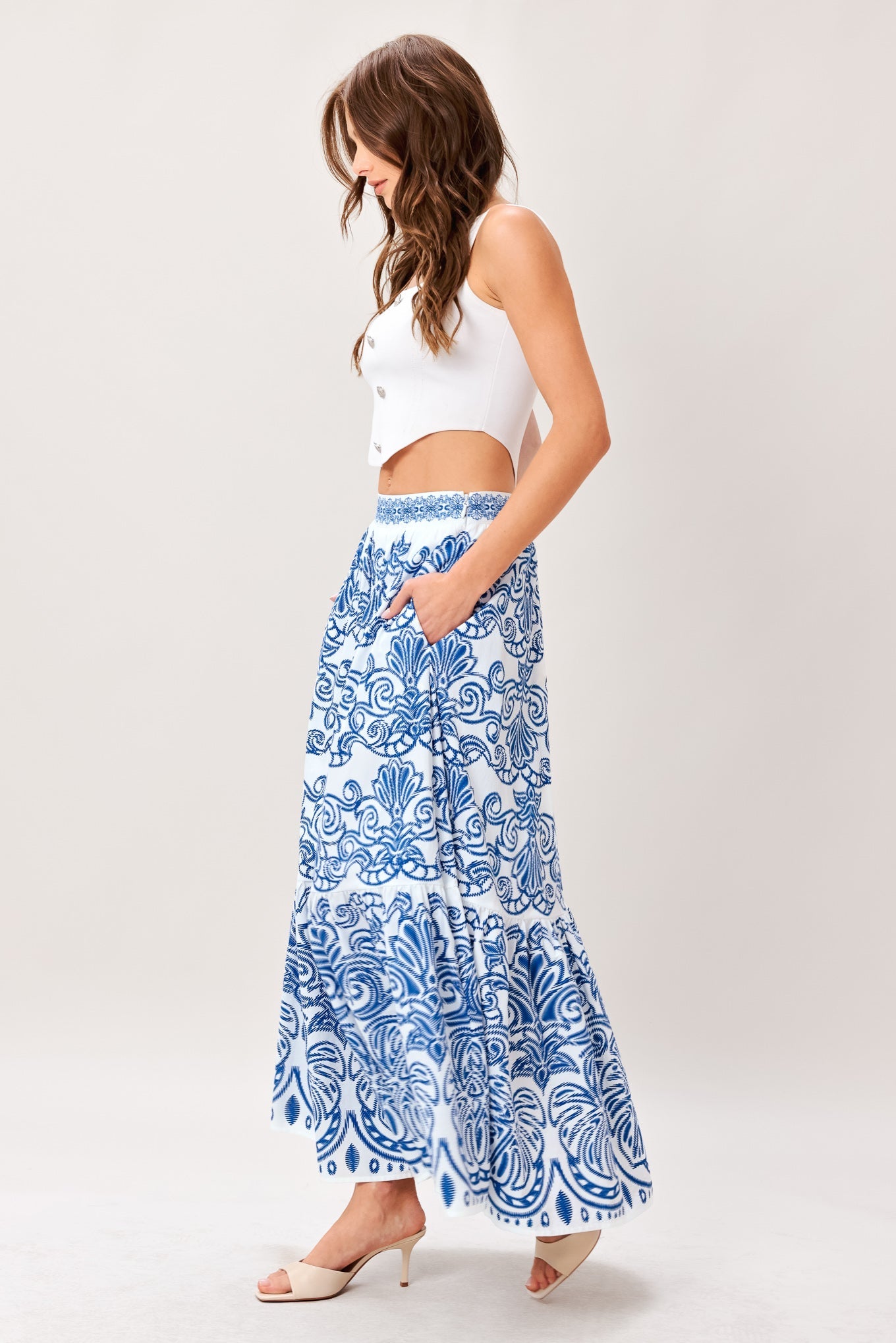 AZURE ORNATE WOVEN FULL MIDI SKIRT