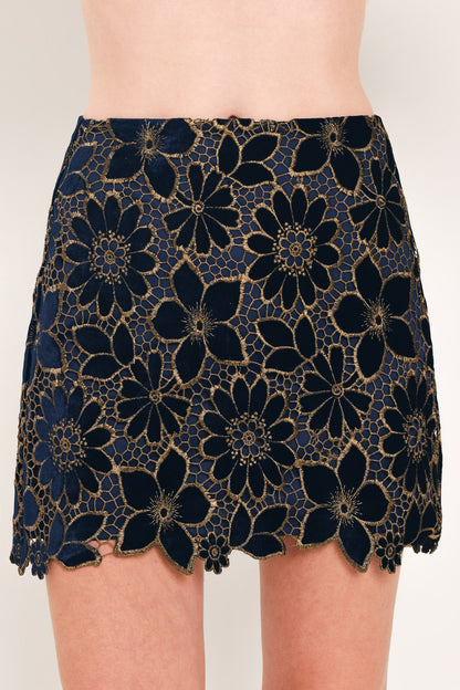 NAVY ROMANCE VELVET LACE MINI SKIRT