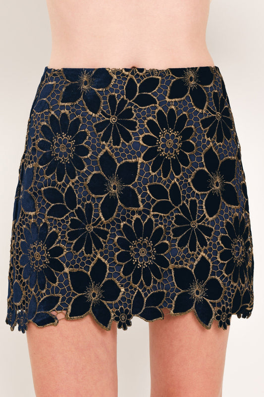 NAVY ROMANCE VELVET LACE MINI SKIRT