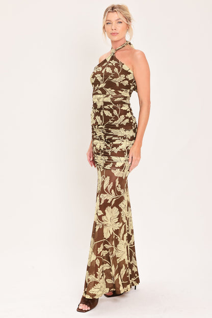 EARTHY FLORAL TEMPTATION POWER MESH MAXI SKIRT