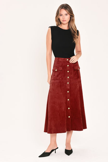 RUSTIC ROMANCE BRICK FAUX SUEDE BUTTON-FRONT MIDI SKIRT