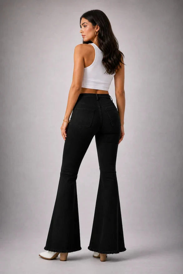 Black Denim Star Rhinestone Bell Bottom Jeans -32” Inseam