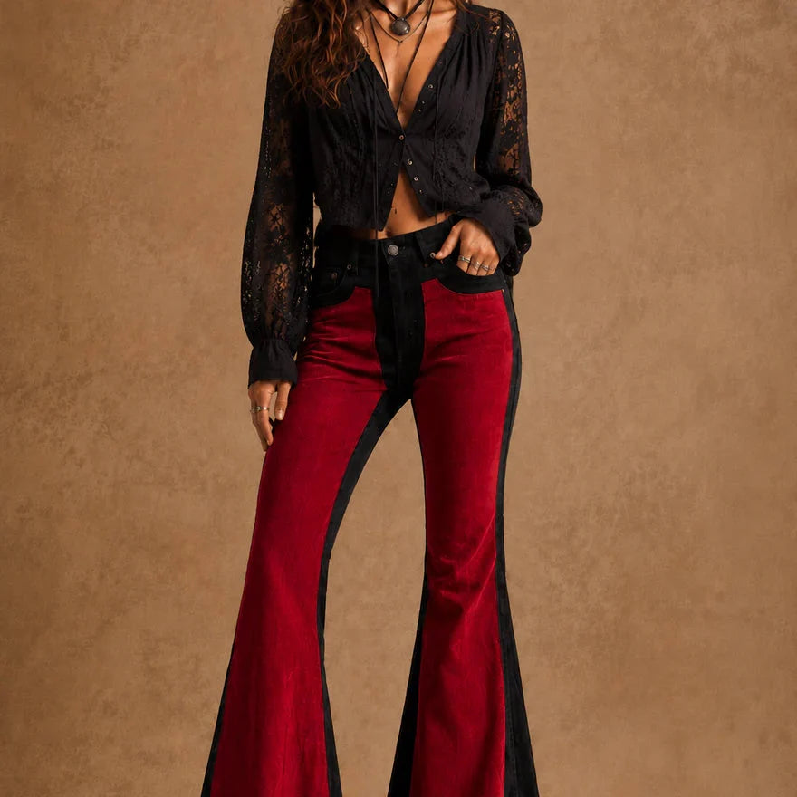 Red Suede Chap Panel Bell Bottom Jeans -32” Inseam