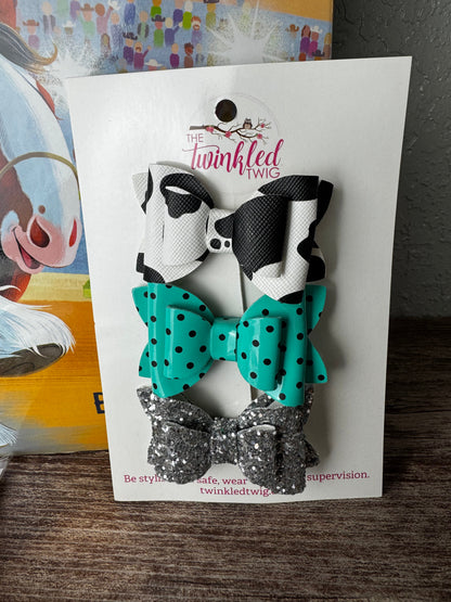 Handmade Hair Bow Set -  Turquoise & Cow Clips