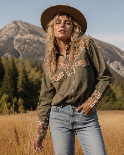 Straight Shooter Duck Camo Pearl Snap Blouse