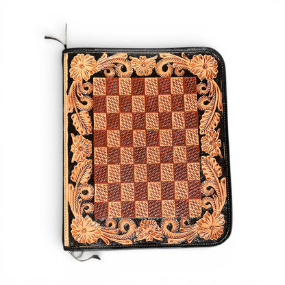 CHECKER TOOLED LEATHER ZIPPER PLANNER