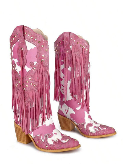 WETKISS Cowboy Boots For Women Animal Print Fringe Knee High Cowgirl Boots Western Boots With Pointed Toe And Chunky Heel size 10