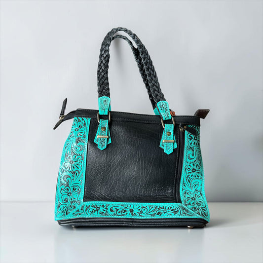 TURQUOISE TOOLED LEATHER & COWHIDE SHOULDER BAG