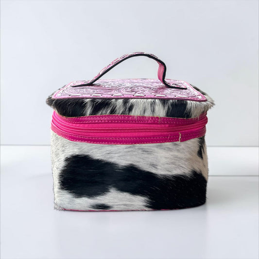 PINK TOOLED LEATHER & COWHIDE MAKEUP BOX