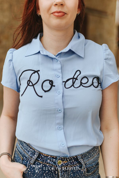 Lucky & Blessed LIGHT BLUE RODEO ROPE EMBROIDERED BUTTON DOWN PUFF SHORT SLEEVE TOP PLUS SIZE