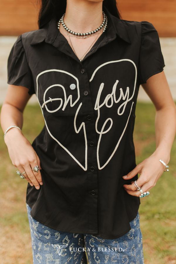 Lucky & Blessed BLACK GIDDY UP ROPE EMBROIDERED BUTTON DOWN PUFF SHORT SLEEVE TOP