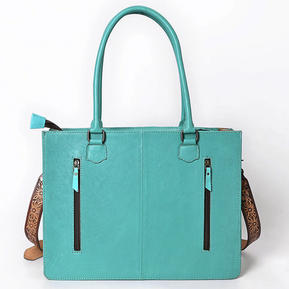 Turquoise Cowhide & Tooled Leather Tote Bag