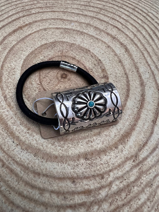 Western Concho & Faux Turquoise Stone Hair Tie — Burnished Silver Hair Statement