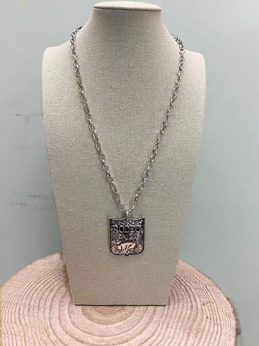 Silver Western Rodeo Statement Pendant Necklace – Adjustable 22"+