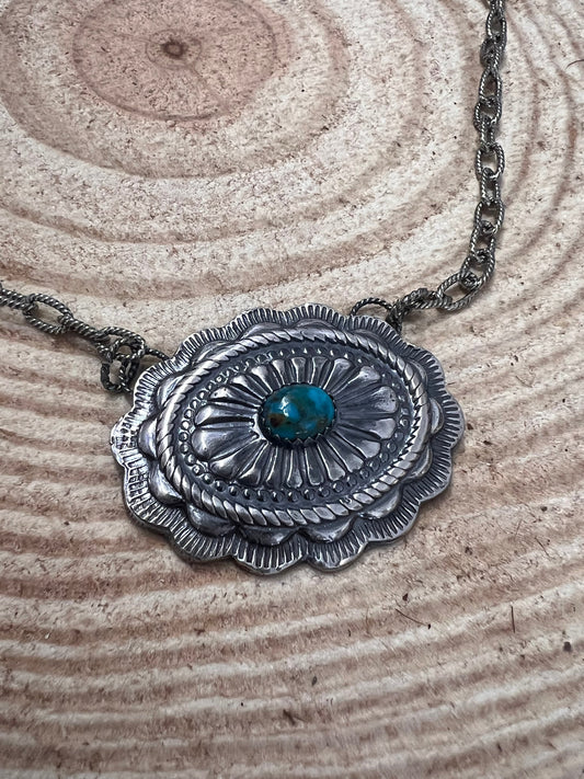 Sterling Silver Concho & Kingman Turquoise Western Statement Necklace — 18"