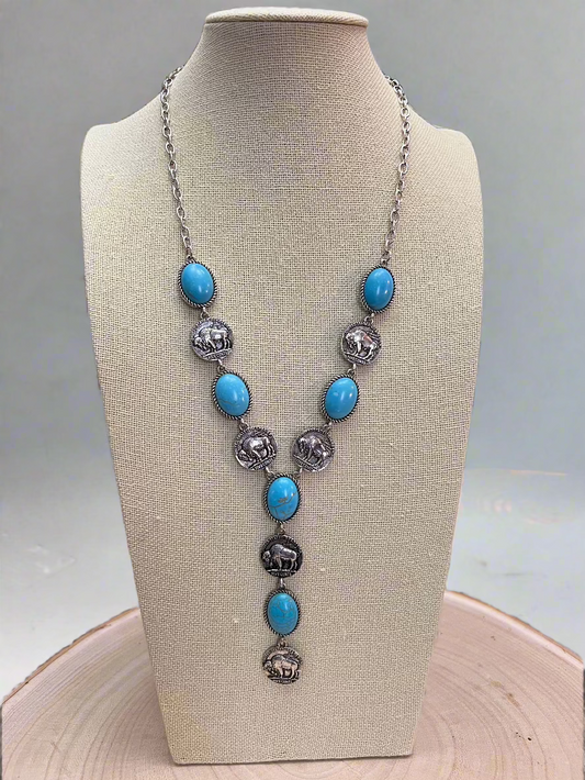 Silver Western Buffalo Coin Faux Lariat Necklace & Earring Set