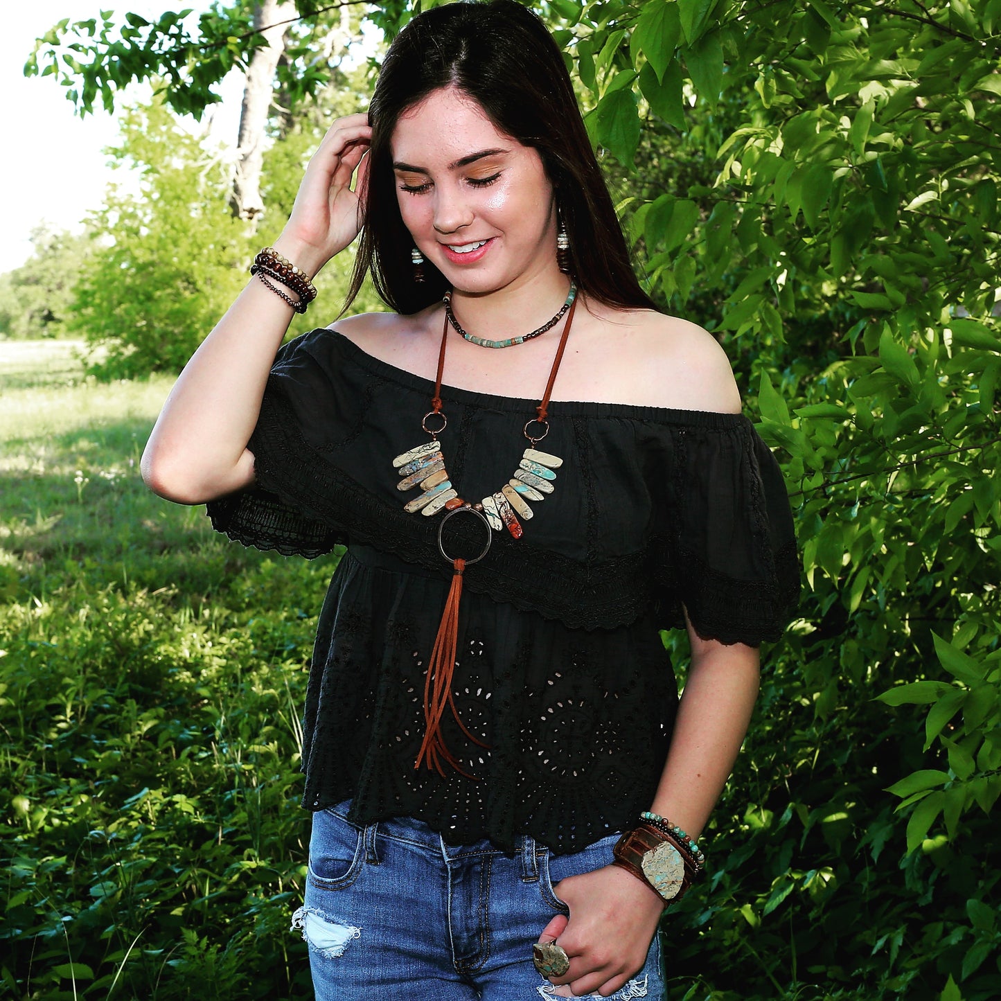 Aqua Terra Necklace w/ Hammered Copper Hoop Long Fringe 225o