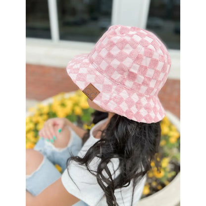 Checkered Pattern Terry Cloth C.C Bucket Hat for Women