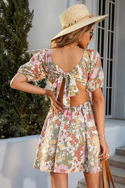 Floral Smocked Mini Dress with Front Tie
