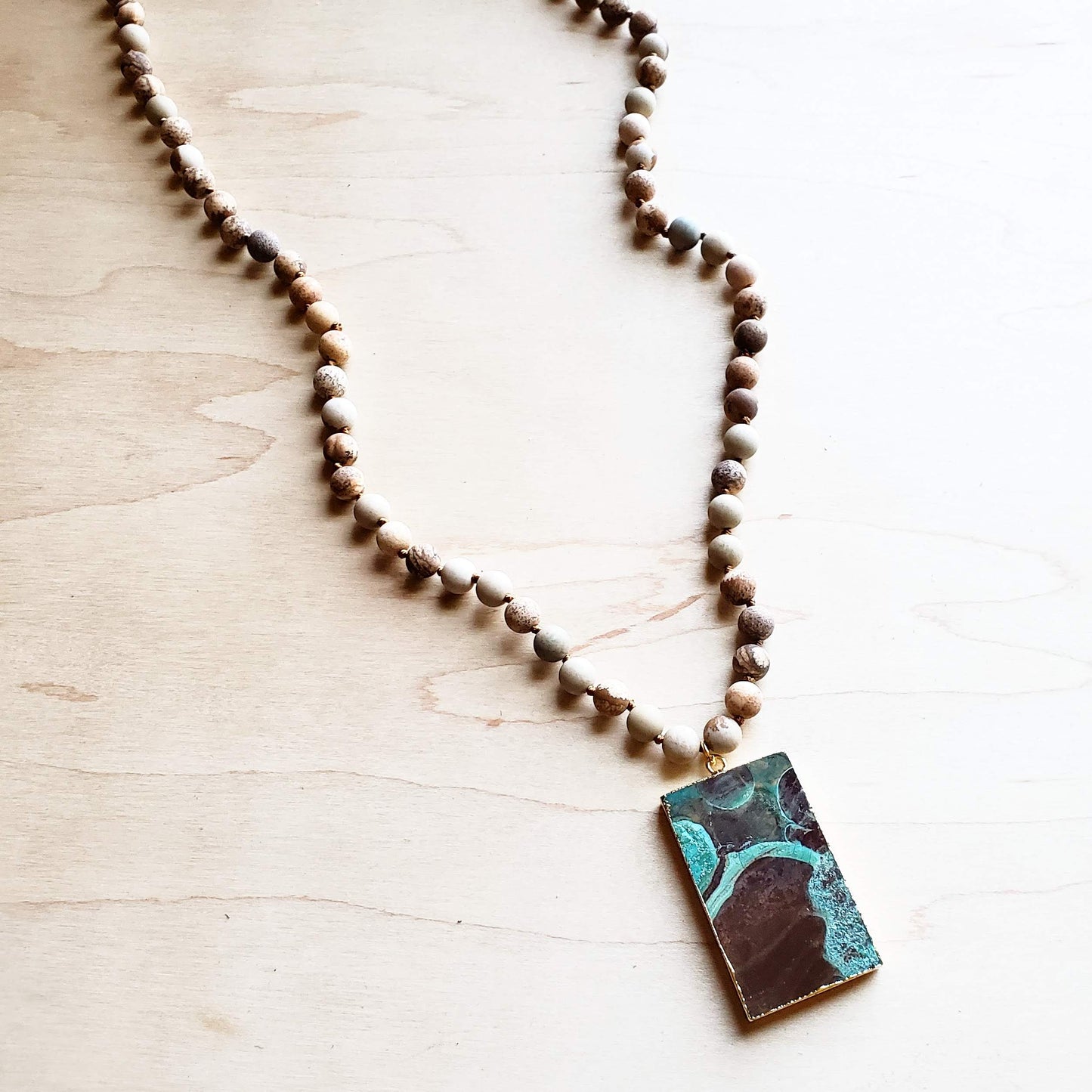 Bohemian Beaded Jasper Necklace with Ocean Agate Pendant 245u