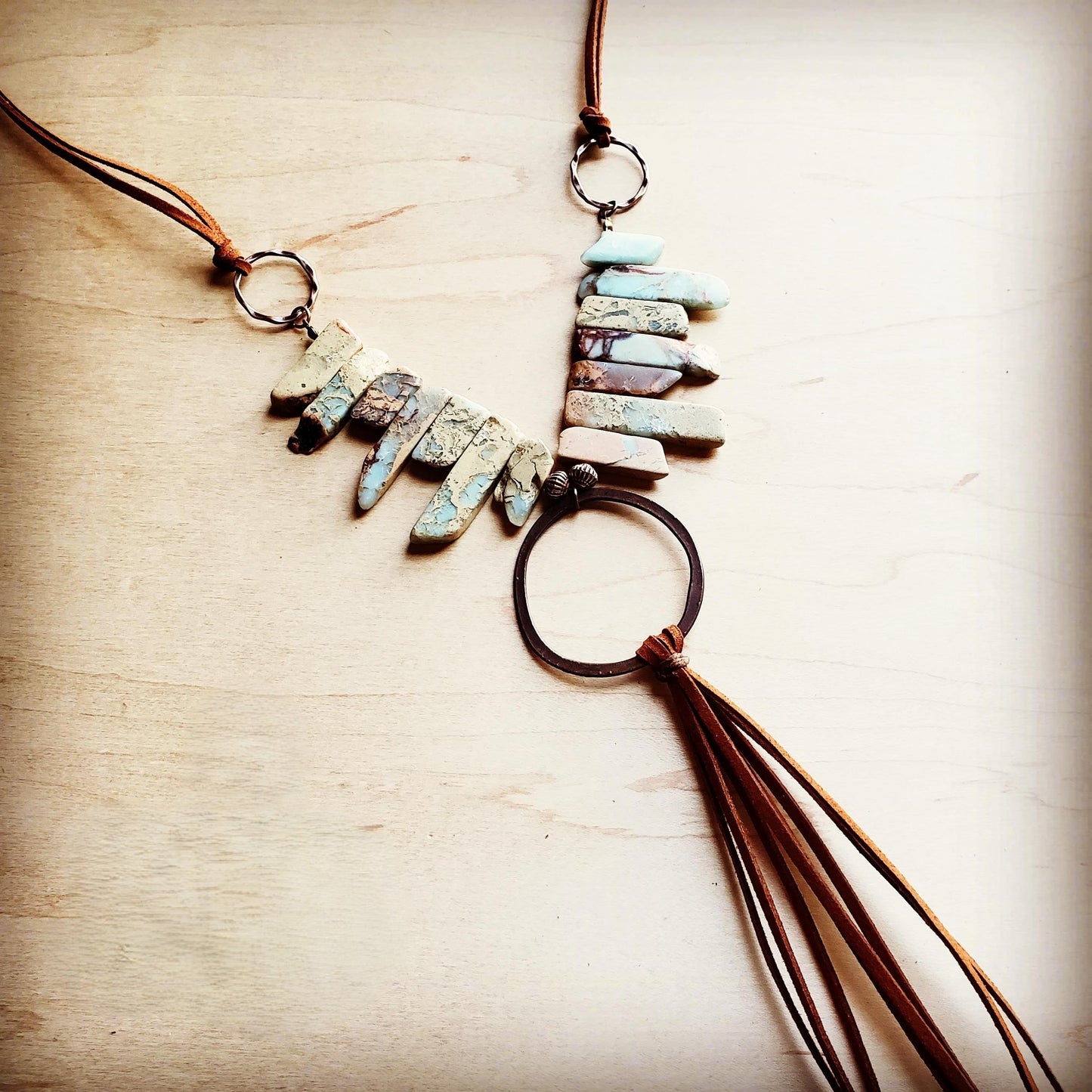 Aqua Terra Necklace w/ Hammered Copper Hoop Long Fringe 225o