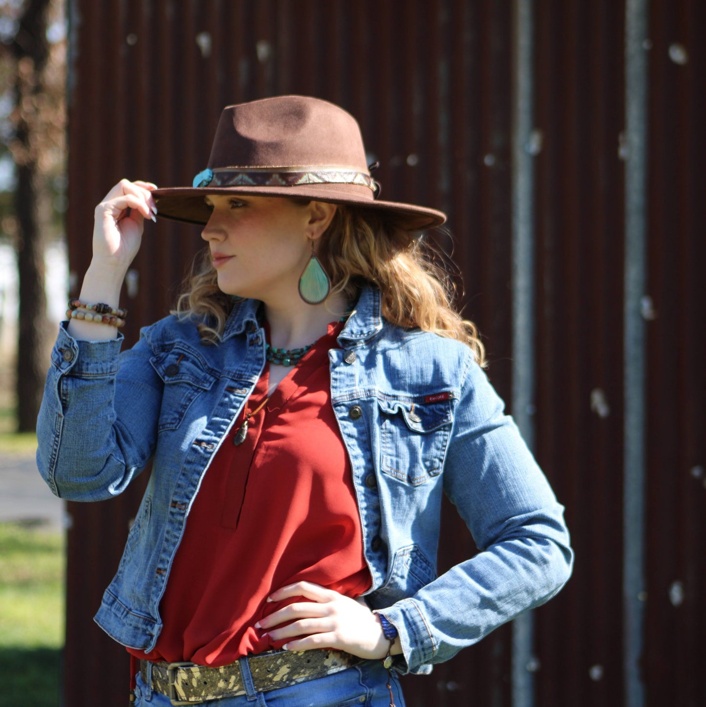 **Boho Western Felt Hat w/ Choice of Leather Hat Band w/ Turquoise Slab-Brown 980h