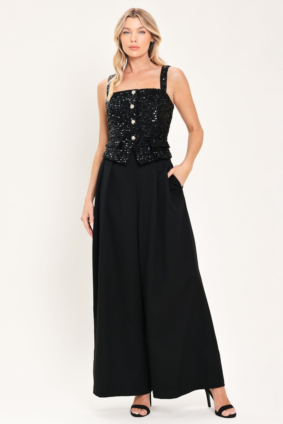 NIGHTFALL GLAM BLACK SEQUIN WIDE-LEG JUMPSUIT