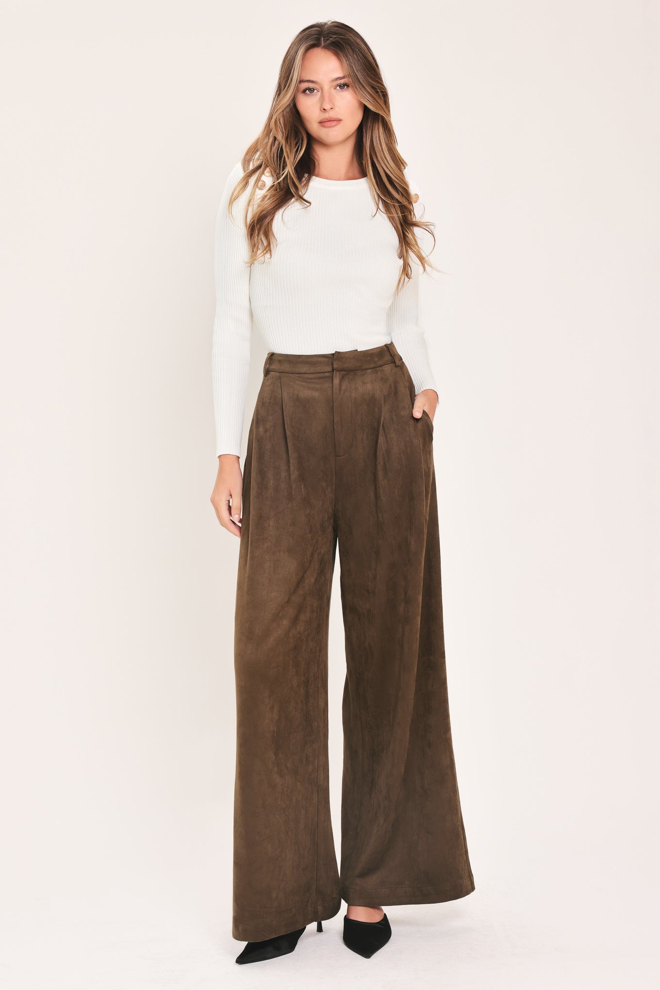 DESERT LUXE BROWN FAUX SUEDE WIDE-LEG PANTS