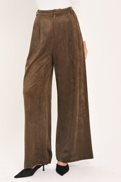 DESERT LUXE BROWN FAUX SUEDE WIDE-LEG PANTS