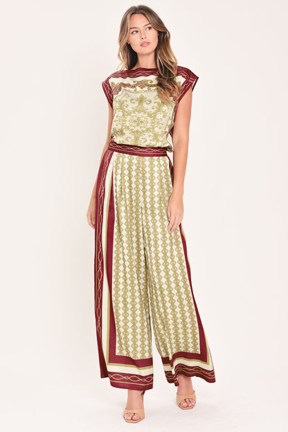VINTAGE VINE BURGUNDY PRINTED WIDE-LEG PANTS