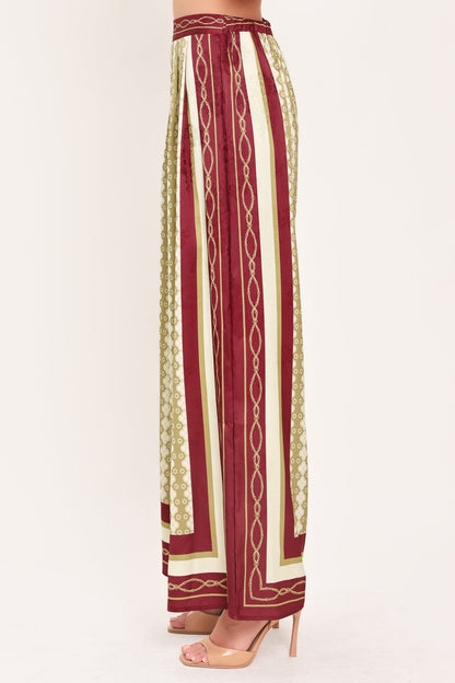 VINTAGE VINE BURGUNDY PRINTED WIDE-LEG PANTS