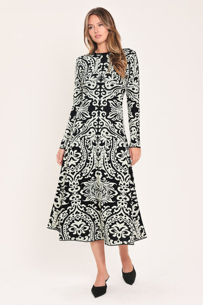 MIDNIGHT MUSE BLACK JACQUARD SWEATER MIDI DRESS