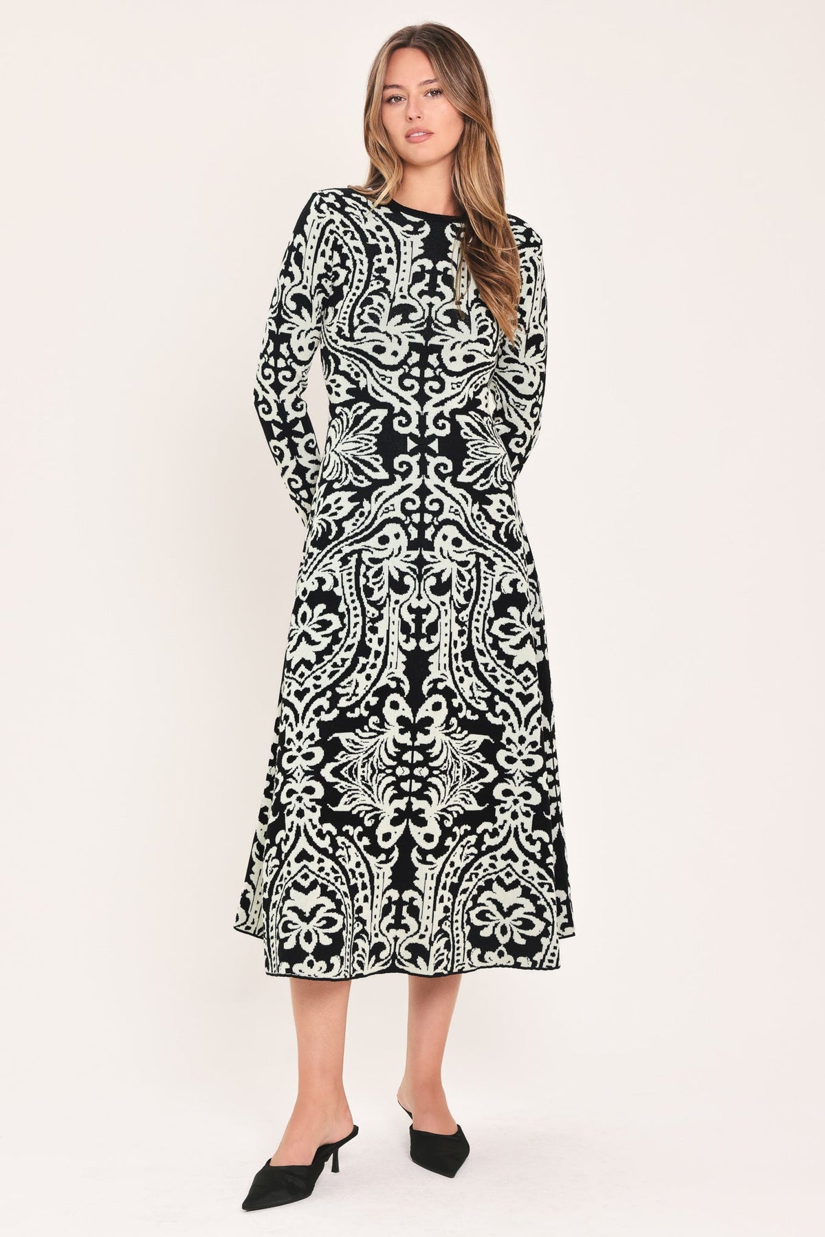MIDNIGHT MUSE BLACK JACQUARD SWEATER MIDI DRESS