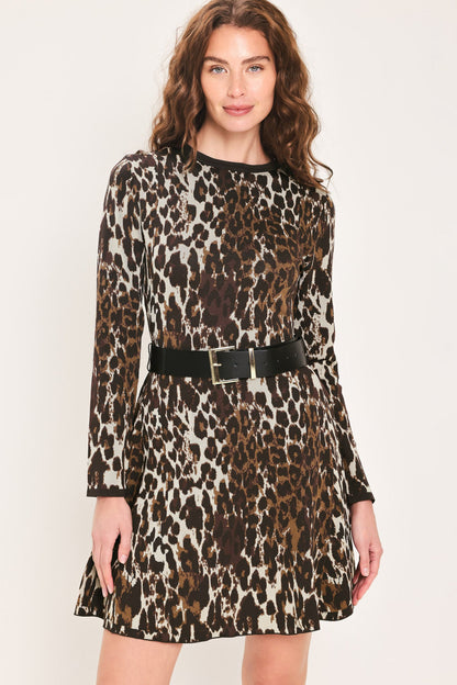WILDLY POLISHED LEOPARD BELTED SWEATER MINI DRESS