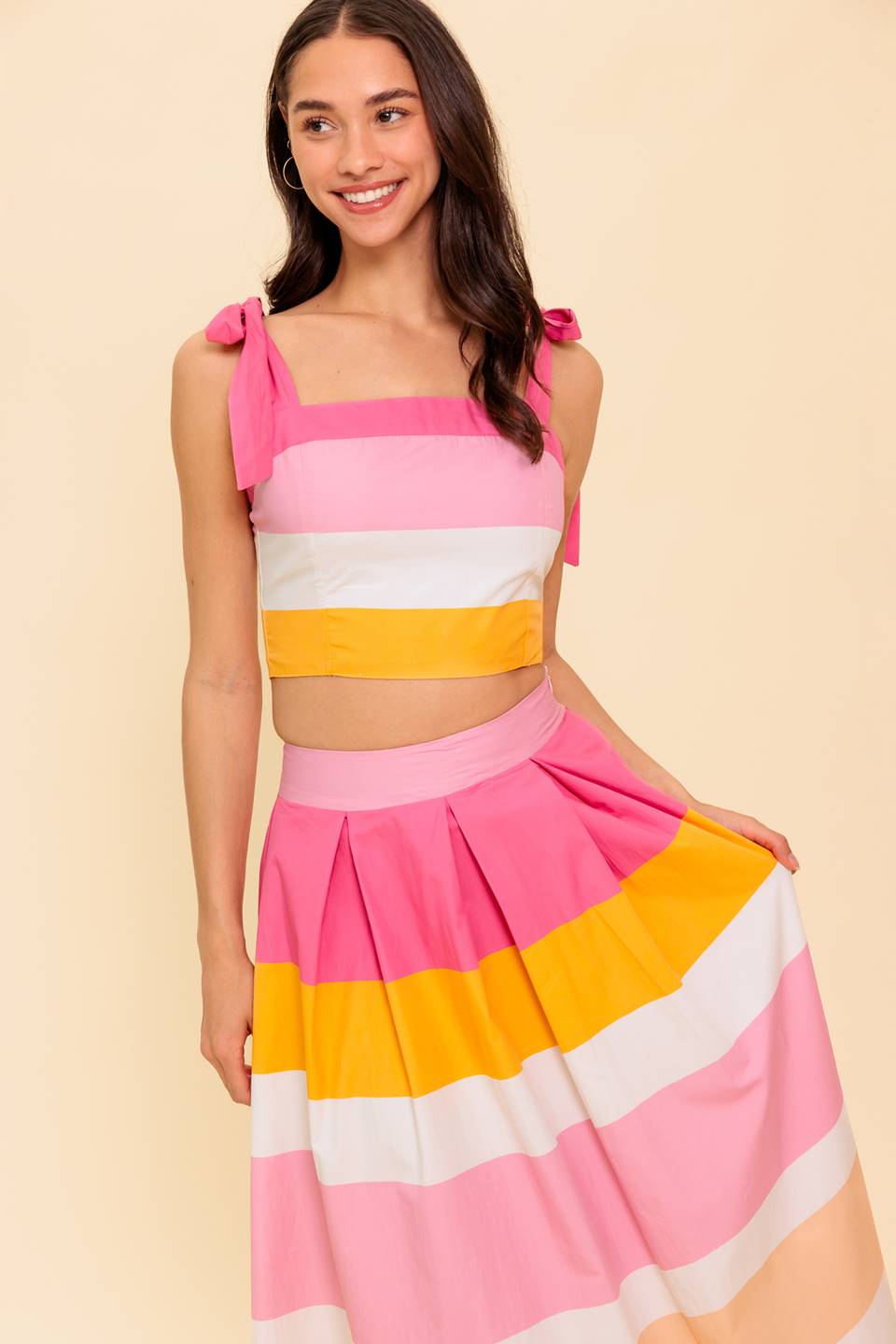 THE SPACE BETWEEN PINK WOVEN TOP AND SKIRT SET