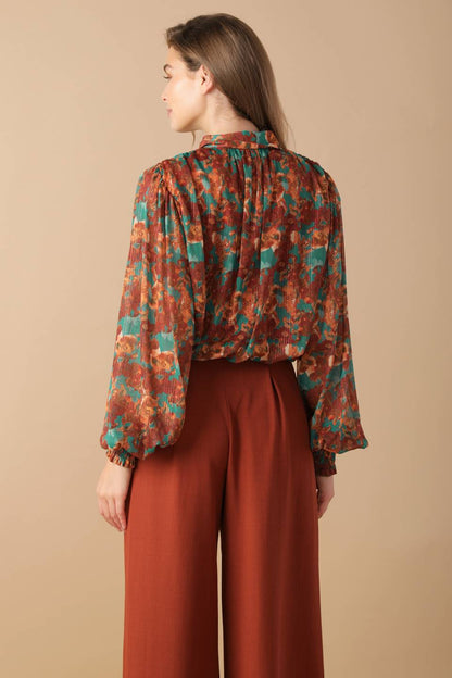 NOSTALGIC TEAL BROWN WOVEN TOP