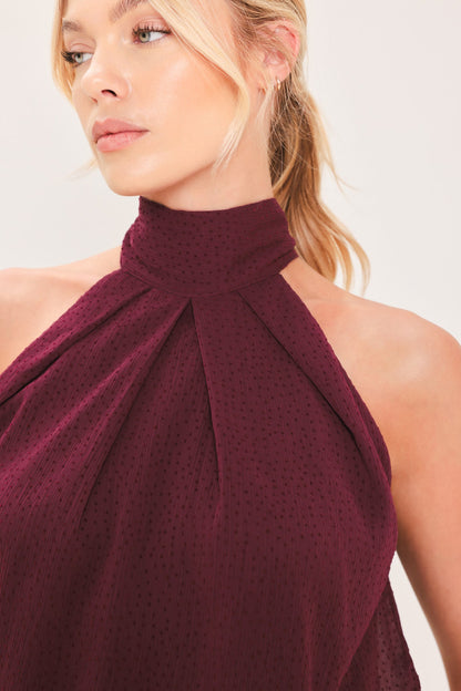 BORDEAUX SHEER DRAPE WOVEN HALTER TOP