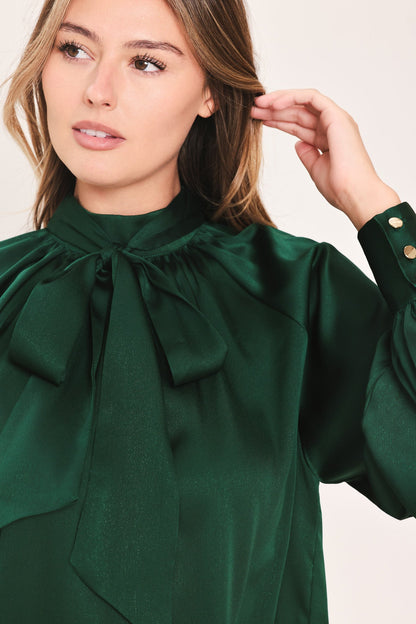 FOREST POISE HUNTER GREEN TIE-NECK RAGLAN TOP