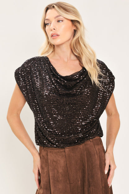 BRONZE GLOW BROWN SEQUIN COWL-NECK DOLMAN TOP