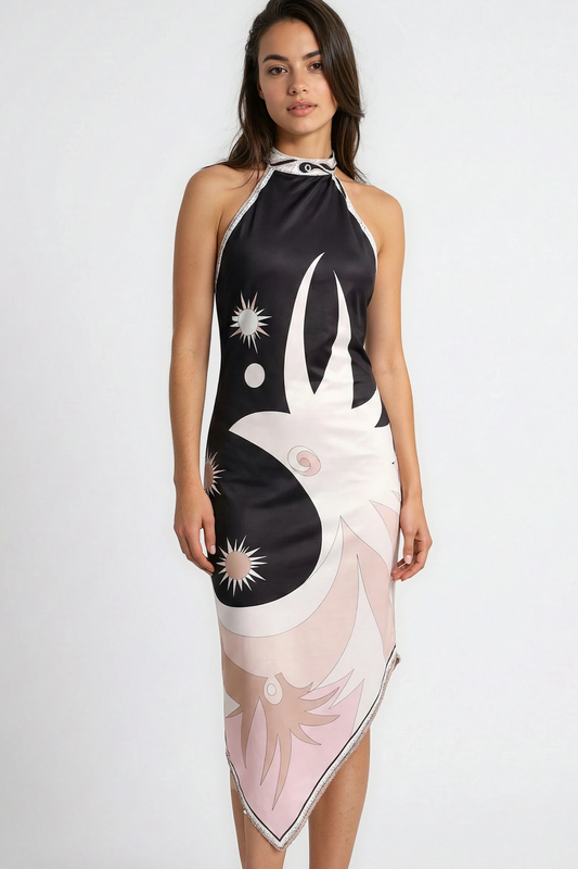 Miss Sparkling Satin Halter Neck Open-Back  Midi Dress