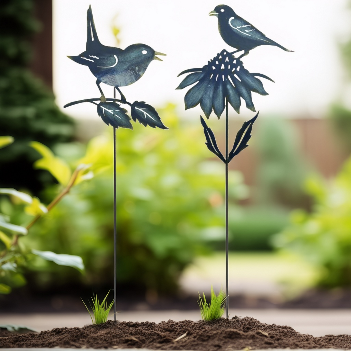 Set of 2 Iron Bird Cut Out and Flower Garden Stakes