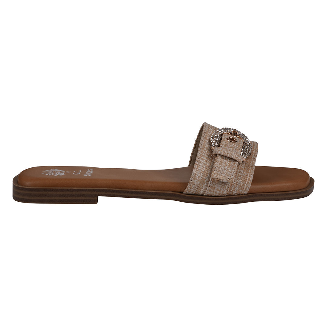 Women's Kenna Tan Embellished Buckle Flat Sandals