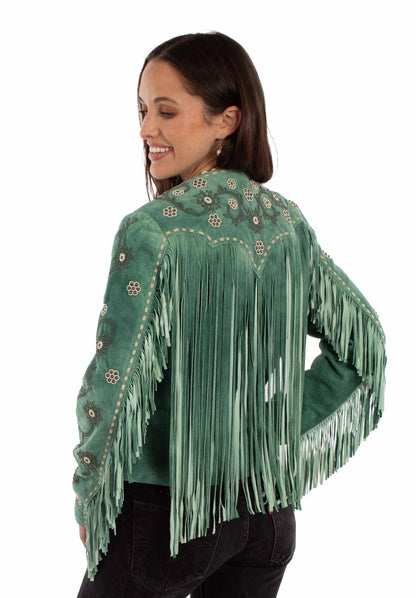 Scully Floral Jade - Women's Fringe Leather Jacket
